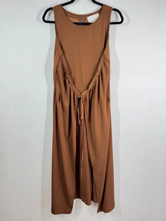 Workhall Brown Sleeveless Relaxed Fit Jumpsuit Tie Waist Wide Leg Minimalist - Picture 2 of 16